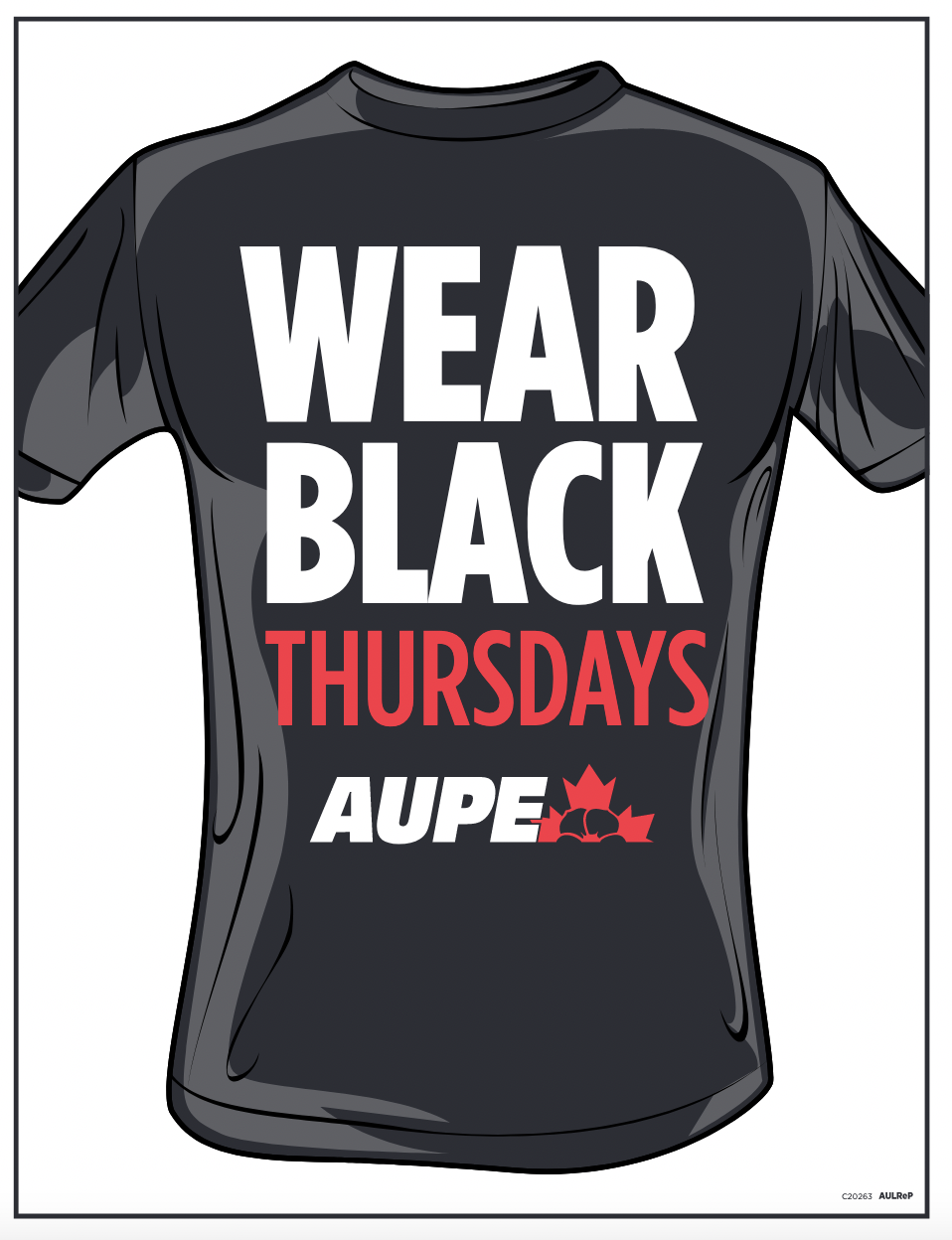 Illustration of a black t-shirt with a message printed on it. The message reads Wear Black Thursdays with the Alberta Union of Provincial Employees logo.