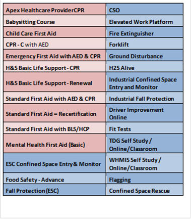 Chart list of all of Second Chance CPR & First Aid Courses