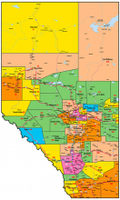 A map of Alberta showing all the breakdown of all of the different AUPE Area Councils.