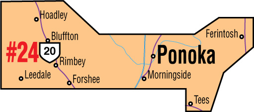 A map of the Alberta Union of Provincial Employees&#039; Ponoka Area Council.