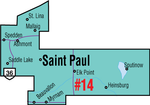 A map of the Alberta Union of Provincial Employees&#039; St. Paul Area Council.