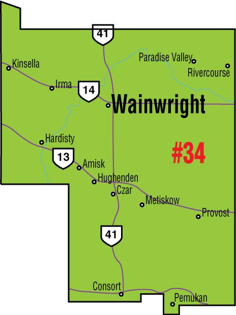 A map of the Alberta Union of Provincial Employees&#039; Wainwright Area Council.