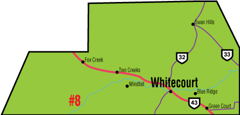 A map of the Alberta Union of Provincial Employees&#039; Whitecourt Area Council.