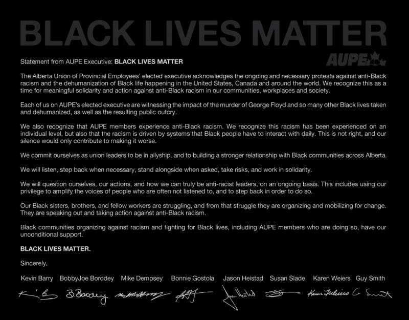AUPE Executive full statement on solidarity with Black Lives Matter