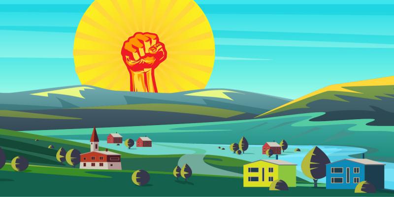 Cartoon image of red fist in front of sun over rural scenery
