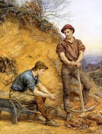 Painting of two workers with a pic