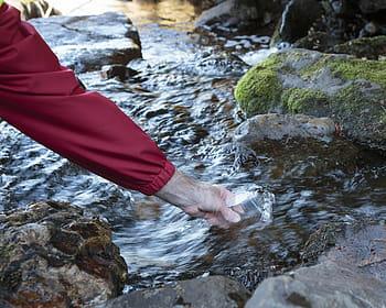 A hand reaches into a body of water collecting a sample for testing.