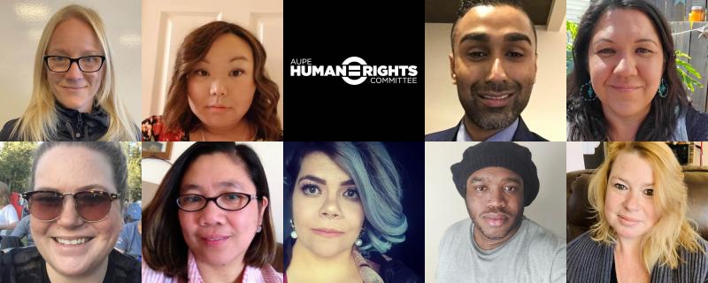 Two rows of nine portrait selfie; Human Rights Committee logo is in the top middle square of the grid.