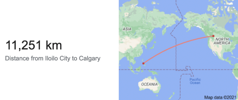 Map, shows distance between Calgary and Iloilo City