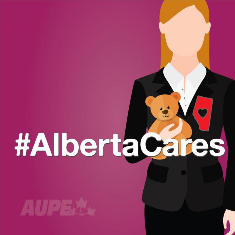 A social worker holds a teddy bear alongside the hashtag Alberta Cares