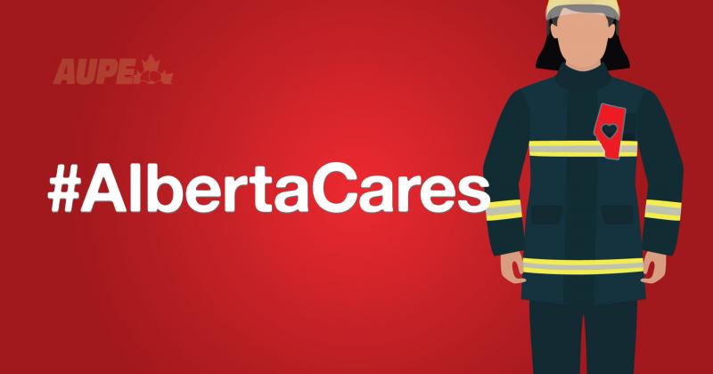 A cartoon firefighter captioned with #AlbertaCares