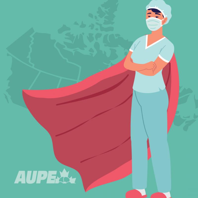 A nurse wearing a superhero cape stands proudly in front of an image of Canada