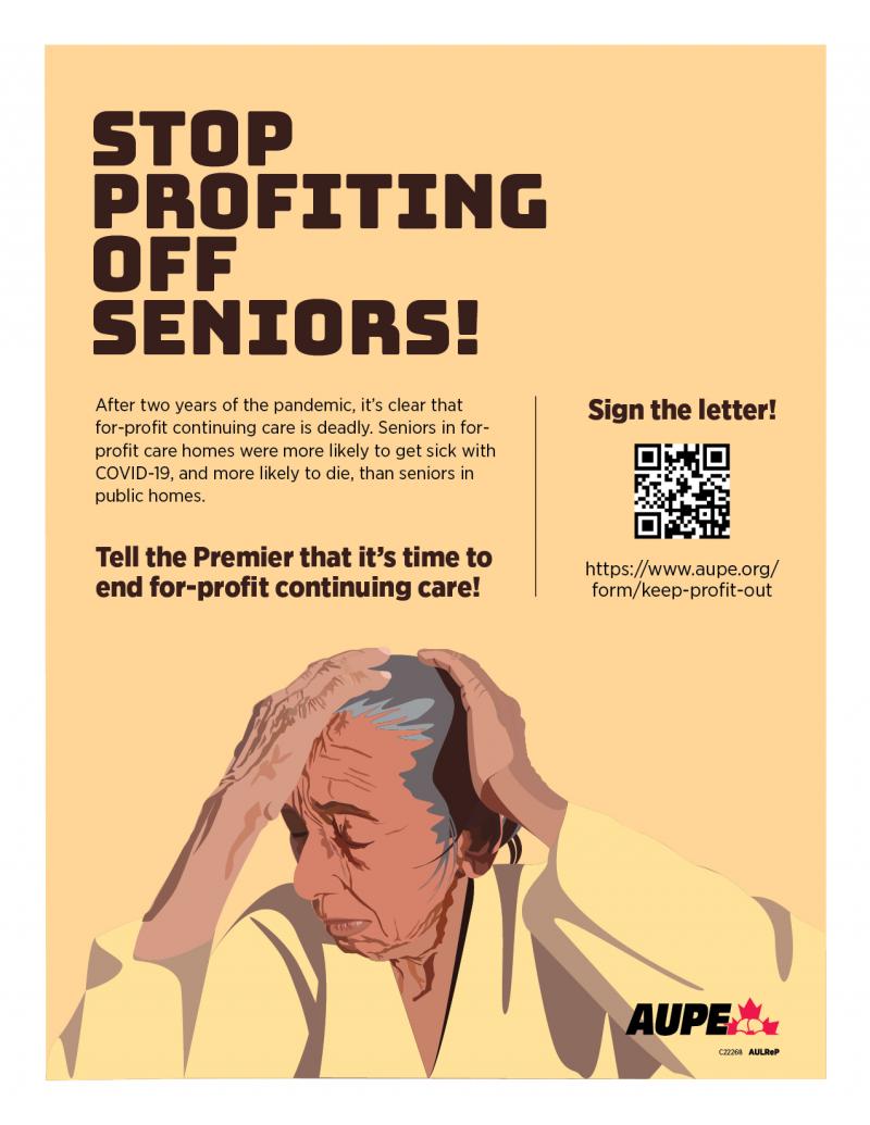 A stylized image of an elderly woman who is holding her hands to her head in exasperation. Large text reads STOP PROFITING OFF SENIORS.