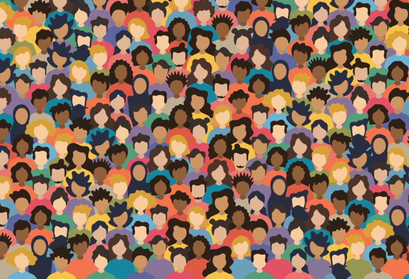 Collage of cartoon people of different races with different hairstyles with no faces.